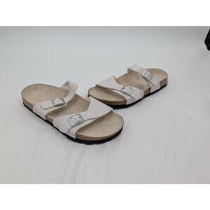 Birkenstock Birki's Aziza Sandal White and Gray Stripe Two Strap Buckle 7 EU 38
